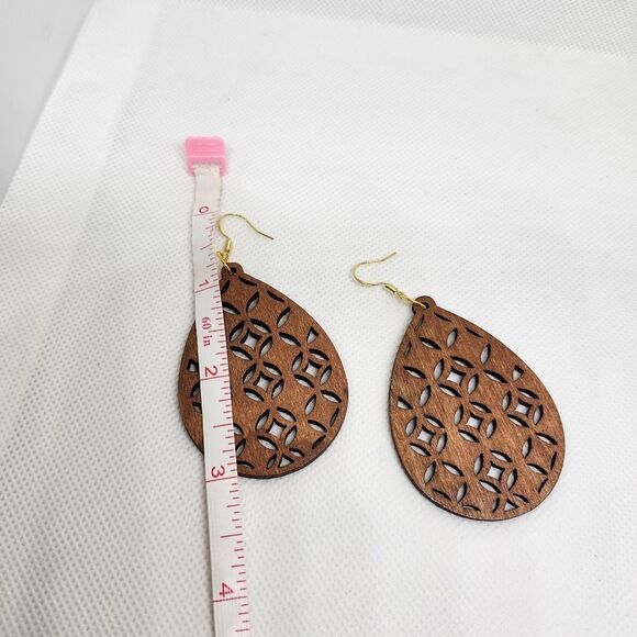 Boho Tribal Teardrop Dangle Chandelier Earrings Wood Cutout Sterling Silver Hook - Picture 6 of 7